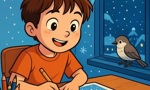 Um garoto de 10 anos, Miguel, com cabelos castanhos bagunçados e olhos brilhantes de curiosidade, está sentado em sua escrivaninha, com um sorriso maravilhado no rosto. Ele segura um lápis na mão, concentrado em um desenho de paisagem de inverno, com flocos de neve caindo suavemente ao seu redor. Ao lado dele, um pequeno passarinho de penas cinzas e brancas está no parapeito da janela, com a cabeça inclinada, observando Miguel com olhos vivos e curiosos. A cena se passa em um quarto acolhedor, com paredes pintadas de azul claro, uma escrivaninha de madeira cheia de lápis de cor e uma janela aberta deixando entrar uma suave luz da lua. Do lado de fora, telhados cobertos de neve brilham sob a luz da lua, criando uma atmosfera pacífica. A situação principal mostra Miguel desenhando uma paisagem de inverno, inspirado pela beleza da neve e pela presença do pequeno passarinho, que lhe traz uma sensação de conforto e magia.