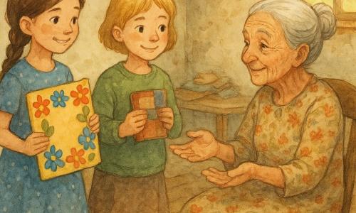 Há quatro personagens: três meninas (c. 9 anos) — uma de cabelo castanho em trança, vestido azul de bolinhas, segurando um quadro de papel com flores recortadas à esquerda; uma loira de cabelo curto, suéter verde gasto, no centro segurando um caderno restaurado com capa de tecido, olhando a avó com orgulho; e uma menina de cerca de 8 anos, cabelo preto preso, camisa às riscas e saia remendada, à direita oferecendo um colar de botões — e a avó (c. 72 anos), cabelos brancos em coque, rosto enrugado e expressão emocionada, sentada numa cadeira de madeira com as mãos abertas para receber os presentes. Local: interior de uma casa modesta com chão de madeira, paredes descascadas, mesa com toalha simples, janela aberta com luz suave e alguns brinquedos e retalhos num canto. Situação: as três meninas oferecem presentes feitos à mão à avó; cena calorosa e simples de ternura, surpresa, sorrisos e lágrimas de alegria, valorizando objetos reparados e coloridos.