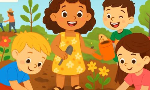Há 4 crianças: - Matilde: uma menina de 5 anos, com cabelos castanhos e cacheados, vestindo um lindo vestido amarelo com flores. Ela está no centro, sorrindo, segurando uma pequena pá. - Tomás: um menino de 5 anos, com cabelos loiros e sardas, vestido com uma camiseta azul e shorts. Ele está à esquerda, cavando um buraco na terra. - Inês: uma menina de 5 anos, com cabelos longos e lisos, presos com uma grande presilha rosa. Ela usa um vestido rosa e está à direita, plantando sementes de flores. - Rui: um menino de 4 anos, com cabelos castanhos e um sorriso radiante, vestindo uma camiseta verde. Ele está atrás de Matilde, segurando um regador e regando as plantas. O local é um jardim comunitário ensolarado, cheio de flores coloridas, legumes verdes e pequenas árvores. Há ferramentas de jardinagem espalhadas ao redor, e adultos trabalhando ao fundo. O céu é azul com algumas nuvens brancas, e o solo é rico e marrom, salpicado de pequenas pedras. A cena principal mostra as crianças trabalhando juntas, rindo e ajudando-se a plantar flores e legumes, cheias de entusiasmo e alegria, criando um jardim lindo.