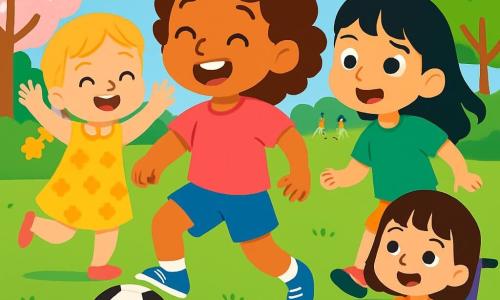 Er zijn 4 kinderen: Noor, een 8-jarig meisje met bruin krullend haar, in een roze t-shirt en blauwe shorts, staat in het midden en schopt een voetbal. Lila, een 7-jarig meisje met gevlochten blond haar in een gele bloemenjurk, staat links van Noor en lacht terwijl ze haar aanmoedigt. Sara, een 8-jarig meisje met steil zwart haar, in een groen t-shirt en korte broek, staat rechts van Noor en is klaar om naar de bal te rennen. Emma, een 9-jarig meisje met kastanjebruin haar en een pony, zit in een kleurrijke rolstoel achter Noor en applaudisseert. De locatie is een zonnige speeltuin met een goed onderhouden groen voetbalveld, omringd door bloeiende bomen en spelende kinderen op de achtergrond onder een blauwe lucht met witte wolken. De situatie toont de vier meisjes die samen voetballen, vol lach en vreugde, terwijl Noor de bal schopt en Lila en Sara erachteraan rennen, terwijl Emma enthousiast aanmoedigt. Het is een mooie scène van kameraadschap en vriendschap waar iedereen samen plezier heeft, ongeacht de verschillen.