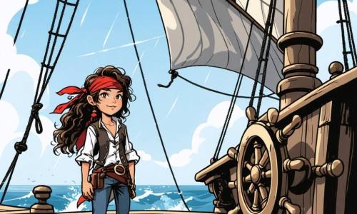 In primo piano, una giovane ragazza di dodici anni di nome Sofia si erge orgogliosamente sul ponte di una nave pirata. Ha lunghi capelli ricci che volano al vento, occhi brillanti di determinazione e un sorriso radioso. Indossa un gilet di pelle, una camicia bianca e un bandana rosso, tenendo saldamente il timone della nave, pronta ad affrontare la tempesta. Accanto a lei c'è il capitano Barbanera, un uomo di circa cinquant'anni con una lunga barba grigia e un cappello a tricorno, che guarda l'orizzonte con aria di orgoglio e incoraggiamento. Indossa una giacca di velluto nero e pantaloni di tela, e tiene una mappa del tesoro in mano, mostrando a Sofia la strada da seguire. Sullo sfondo, la nave, la Tempête des Mari, oscilla su onde tempestose, mentre lampi illuminano un cielo di tempesta. Le vele sono gonfiate dal vento e pirati di tutte le età si affaccendano intorno a loro, alcuni issando le vele, altri controllando le corde. La scena rappresenta il momento in cui Sofia, piena di coraggio, prende il controllo della nave durante una tempesta, pronta a guidare il suo equipaggio verso l'Isle des Secrets, simboleggiando lo spirito d'avventura e di camaraderie.