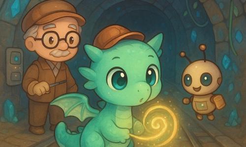 Sprint, un pui de dragon chibi curios și uimit, cu ochi rotunzi strălucitori, solzi verde mentă irizați, aripioare translucide, purtând o căciuliță cupru și o clopoțel la coadă, suflă blând peste o glifă luminoasă; în spatele lui plutește un robot-licurici chibi mic și rotund cu ochi de sticlă și antenă ridicată, ținând un carnet minuscul, iar din stânga un mecanic uman în vârstă, chibi, cu ochelari groși și mănuși, admiră mândru lângă un panou de control; scena are loc într-un tunel subteran din piatră netedă cu două șine argintii, glife luminoase între șine, cristale albastre și verzi încastrate în pereți, cabluri suspendate și o atmosferă caldă și sclipitoare; Sprint a descoperit o mică sală de arhivă ascunsă deschisă de glifa pe care a suflat, care se aprinde în spirală de lumină aurie și verde, iar rafturile cu sfere transparente proiectează imagini dansante, compoziție centrată, culori pastel vii, contraste blânde și texturi lucioase într-o ambianță science-fantasy magică și reconfortantă.