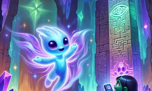 In the center of the image, Blip, a young translucent Quoraxian, floats with a mix of excitement and curiosity. His body sparkles in shades of purple and blue, with shapes that ripple like water. He holds a glowing mini scanner in one hand, marveling at an ancient stone structure adorned with luminous symbols. Next to him, Zaza, his taller best friend, has changing color patterns from emerald green to bright pink. She has a joyful and enthusiastic expression, arms open as if to embrace the discovery, leaning slightly toward the structure, captivated by the glowing symbols. In the background, the scene takes place in a vast cave with shimmering walls, where luminescent crystals illuminate the space with vibrant colors. Star reflections dance on the walls, creating a magical and mysterious atmosphere. The main situation shows Blip and Zaza discovering an ancient extraterrestrial structure, filled with wonder as they decipher the mysterious symbols that could reveal the secrets of a lost civilization.