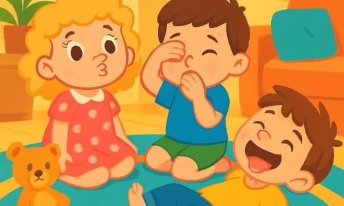 There are three characters: Rosie, a 7-year-old girl with curly blonde hair, wearing a pink dress with white polka dots. She is sitting on the carpet with a mischievous smile on her face. Max, her 7-year-old twin brother with short brown hair, is next to Rosie, making a funny face to avoid laughing while wearing a blue t-shirt and green shorts. Timmy, a 5-year-old boy with brown hair and sparkling eyes, is lying on the carpet, laughing joyfully in a yellow t-shirt and denim pants. The scene takes place in a warm living room with a colorful rug, fluffy cushions, and scattered toys. The pastel yellow walls and a large window letting in sunlight create a cheerful atmosphere. The main situation shows the three children playing a "don't laugh" game, trying to keep serious faces while making funny grimaces. Rosie makes a funny fish face, Max covers his eyes to avoid laughing, and Timmy, sticking out his tongue, pretends to be a little frog, causing bursts of laughter.