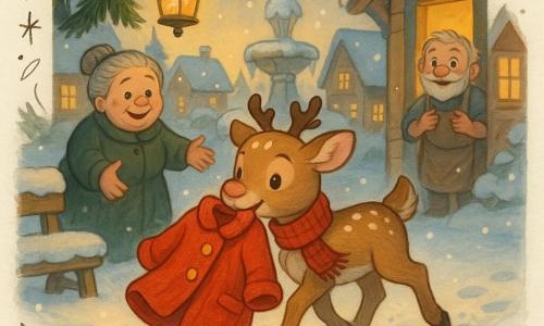 A light brown young reindeer with big gentle eyes and a pink muzzle, small white spots on its forehead, wearing a red knitted scarf, delicately holds a bright red coat with gold buttons in its teeth and trots across crisp snow; Mrs. Mistletoe, a round smiling elderly woman with gray hair in a bun and a fir-green coat, stands left by a snow-covered wooden bench with her hand out in gratitude as the reindeer returns the coat to her to give back to Mr. Claus; Mr. Claus, a small toymaker with short white beard and mustache and laughing eyes, wearing a dusty work apron, stands in a bright workshop at right looking pleasantly surprised; the setting is a snowy village square at dusk with a frozen fountain, yellow lanterns hanging from pine branches, snow-laden wooden houses with warm window lights, a warm festive Festival of Lights atmosphere, strong contrast between the red coat and bright white snow, and tiny sparks of light around the lanterns.
