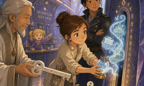 Main woman: Mira, soft-faced with freckles and loosely pinned brown hair, attentive and proud, holding a small floating misty glass lantern, wearing a light beige smock with pockets of shiny objects, approaching a runic keyhole. Secondary 1: Captain Sola, ~40, tanned, dark utility jacket with shiny buttons, calm vigilant gaze, standing slightly behind Mira to her right with arms crossed. Secondary 2: Elder Jun, ~70, long gray hair and laughing eyes, simple rune-patterned robe, left of Mira offering a long white stone key with a gentle focused posture. Secondary 3: Pip, a small silver teapot-shaped robot with round feet and lamp-eyes, at Mira’s feet whistling happily. Observing child: ~6-year-old blonde girl in pigtails with wide eyes, standing behind a counter in the background, pointing in wonder. Location: inside the Quantum Key Hub — a large vaulted chamber with a warm glossy floor etched with fine golden runes, multicolored light rails on the ceiling, a dark crystal archway adorned with a star-crown symbol, soft pastel lighting (blues, violets, golds). Main situation: Mira inserts the mist-lantern into the runic keyhole of the old door; the mist forms luminous images above the slot, onlookers watch with relief, calm magical atmosphere, composition centered on lantern and key, clear graphic style, soft lines, warm colors and subtle contrasts.