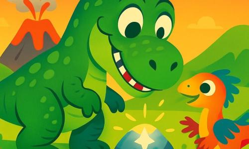 Un Tyrannosaurus Rex, grande e imponente, con una pelle verde brillante e squame lucenti, si trova vicino a un vulcano in eruzione, i suoi occhi rotondi e curiosi brillano di eccitazione. Tocca una pietra scintillante con il suo grosso naso, un sorriso gioioso sul volto. Nelle vicinanze, un piccolo dinosauro, un velociraptor dalle piume colorate, osserva Tino con occhi meravigliati, le sue zampe agili pronte a balzare. Il paesaggio è pieno di colline verdi, fiori colorati e un cielo arancione splendente, mentre il vulcano emette nuvole di fumo grigio. Tino scopre la pietra magica che brilla sotto il sole, creando un'atmosfera di meraviglia e avventura.