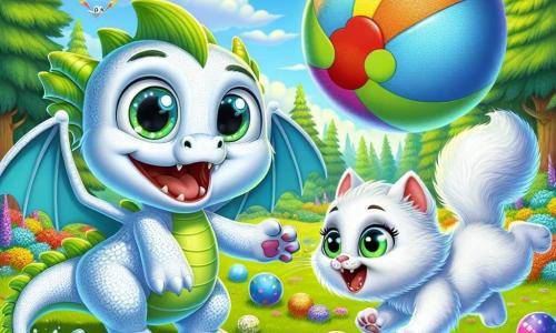 Un mic dragon pe nume Zippy, cu solzi strălucitori de culoare albă și aripi mici, se joacă vesel cu o minge mare colorată pe marginea unui lac strălucitor. Zâmbește larg, iar ochii îi strălucesc de fericire. Lângă el, o pisicuță adorabilă și pufoasă, Miau, cu blană albă și ochi verzi strălucitori, sare cu entuziasm pentru a prinde mingea, cu fața plină de bucurie. Decorul este o pădure verde, plină de copaci majestuoși și flori colorate, sub un cer albastru deschis cu nori pufoși. Scena surprinde momentul magic al jocului lor, simbolizând prietenia și bucuria împărtășită între doi prieteni nedespărțiți.