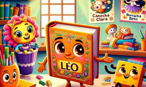 O personagem principal, Léo, é um livro de páginas coloridas, com ilustrações de contos na capa. Ele tem uma expressão alegre e curiosa, suas páginas se abrem levemente como se estivesse pronto para contar uma história. Ao lado dele está Caneta Clara, um marcador colorido com um sorriso radiante, que dança alegremente na mesa, cheia de energia. Um pouco mais distante, Borracha Beto, uma borracha engraçada com olhos brilhantes, faz caretas divertidas, acrescentando um toque de comédia à cena. A cena acontece em uma biblioteca iluminada, com prateleiras cheias de livros coloridos, raios de sol filtrando pelas janelas, iluminando as páginas dos livros. Cartazes de contos e personagens de desenhos animados decoram as paredes, criando uma atmosfera acolhedora e mágica. A situação principal mostra Léo, Caneta Clara e Borracha Beto reunidos em torno de uma mesa, criando suas próprias histórias, cercados por lápis, papéis coloridos e risadas, ilustrando a alegria do início do ano escolar e a amizade nascendo entre esses personagens fantásticos.