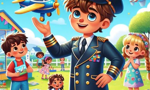 The main character, a man named Captain Tom, is a smiling pilot in a shiny blue uniform adorned with golden buttons. He has brown hair and wears a pilot's cap. He stands in front of a small airplane with his arms open, expressing great joy and enthusiasm. Next to him is a boy named Max, about 8 years old, with messy blonde hair wearing a red t-shirt. He looks at Captain Tom with wide eyes, full of admiration, holding a small model airplane in his hands. A little further away, a girl named Lily, 7 years old, with braided brown hair and a floral dress, smiles and raises her hand to greet Captain Tom, showing her interest in aviation. The scene takes place in a sunny schoolyard surrounded by green trees and colorful flowers, with children playing in the background. A bright blue sky with a few fluffy white clouds completes the landscape. The main situation shows Captain Tom telling his flying adventures to the children, captivating their attention as he shares stories of flying over oceans and mountains, inspiring their dreams of becoming pilots.