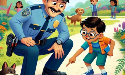 El personaje principal es un hombre policía, con una sonrisa amable y un gran bigote negro. Lleva un uniforme azul impecable y está agachado examinando huellas en el suelo, mostrando curiosidad y determinación. A su lado está Sofía, una niña de aproximadamente 8 años, con largos cabellos castaños y gafas redondas, que señala las huellas con asombro. Un poco más lejos, Tomás, un niño de 9 años con el cabello corto y desordenado, observa atentamente, tomando notas en un pequeño cuaderno. La escena transcurre en un parque verde, lleno de árboles y flores, con un camino de grava. Al fondo, un grupo de perros juega alegremente, y un banco de madera invita a descansar bajo un gran roble. La situación principal muestra al policía y a los niños en plena investigación de las huellas misteriosas, rodeados de curiosidad y aventura, listos para resolver el misterio de las flores desaparecidas.