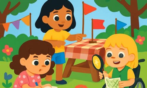 There are three characters: Mia, a 4-year-old girl with brown curly hair wearing a pink polka dot dress, sitting on the grass holding a pencil and paper with a focused look; Noor, a 4-year-old girl with straight black hair in a bright yellow t-shirt and blue shorts, standing next to Mia pointing at a small red flag on the picnic table; and Bea, a 4-year-old girl with blonde bangs sitting in a small wheelchair, wearing a green vest with a clip lamp attached to her clothing, smiling while holding a map and illuminating the clues around her. The setting is a sunny garden filled with colorful flowers and green trees, with a large picnic table at the center covered in a checkered tablecloth, colorful flags fluttering on sticks around the table, and toys scattered on the grass. The main scene shows the three friends on a quest, searching for missing flags, carefully examining the ground surrounded by small clues like cake crumbs and colorful ribbons, with expressions of curiosity and excitement on their faces.