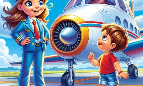 Eine junge Pilotin, Lara, lächelt fröhlich in einer glänzenden blauen Pilotenjacke und einer schief sitzenden Kappe. Ihre braunen Haare wehen sanft im Wind, während sie neben einem großen weißen Flugzeug steht, das zum Abheben bereit ist. Tom, ein neugieriger etwa 7-jähriger Junge, steht neben ihr mit weit aufgerissenen Augen und einem breiten Lächeln. Er trägt ein rotes T-Shirt und eine Jeansshorts und schaut fasziniert auf das Cockpit des Flugzeugs. Die Szene spielt auf einer sonnigen Landebahn, umgeben von weißen, flauschigen Wolken in einem strahlend blauen Himmel. Das Flugzeug glänzt in der Sonne, und bunte Blumen wachsen entlang der Landebahn. Lara erklärt Tom, wie sie das Flugzeug steuern wird, während sie sich auf ein Abenteuer im Himmel vorbereiten.