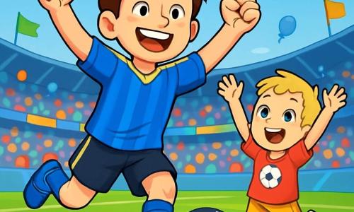 Ein junger Mann, Leon, steht im Mittelpunkt des Bildes, mit einem breiten Lächeln, das Freude und Entschlossenheit ausstrahlt. Er trägt ein blaues Fußballtrikot mit gelben Streifen, eine schwarze Shorts und glänzende Sportschuhe. Seine braunen Haare sind leicht zerzaust, und seine Augen funkeln vor Aufregung, während er ein Tor feiert. Neben ihm steht ein etwa 8-jähriger Junge namens Emil mit weit aufgerissenen Augen vor Glück. Er hat kurze blonde Haare und trägt ein rotes T-Shirt mit einem gezeichneten Fußball. Emil hebt die Arme in die Luft, springt vor Freude und steht direkt neben Leon, bewundernd seinen Helden. Der Hintergrund zeigt ein großes Fußballstadion, gefüllt mit begeisterten Zuschauern. Die Tribünen sind bunt, mit wehenden Fahnen und Luftballons, während das Spielfeld leuchtend grün und perfekt gemäht ist, mit gut markierten weißen Linien. Die Hauptsituation zeigt Leon, der sein entscheidendes Tor feiert, umgeben von der Energie und Aufregung des Spiels, während Emil, sein junger Fan, seine Freude und Bewunderung für sein Idol ausdrückt, was eine Atmosphäre von Glück und Erfolg schafft.
