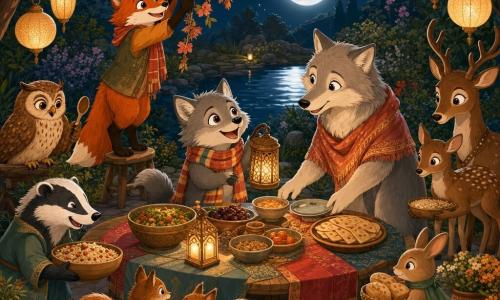 Little Wolf is a young anthropomorphic grey-furred wolf with bright hazel eyes and a striped scarf holding a small carved wooden lantern and looking at the moon; Mama Wolf, a cream-furred older wolf with a tender smile, arranges plates to Little Wolf’s right; Cousin Fox, a vivid red fox, hangs a dried-flower garland above the table at the rear-left; Cousin Owl, a round brown-speckled owl with gentle eyes, perches on a low branch behind the scene holding a wooden spoon; nearby neighbors (a badger, a family of deer, and twin squirrels) bring dishes and place bowls and bread on a rustic wooden table covered with colorful cloths in a nighttime garden by a small pond with smooth stone ground, paper lanterns hanging from branches and potted plants, the full moon reflecting silver on the pond; the scene depicts a warm, inviting Ramadan meal preparation with characters decorating the table and sharing smiles, rendered in a clean vector style with simple shapes, soft outlines, child-friendly expressions, and a warm ochre/red/orange palette accented by the moon’s silver light.