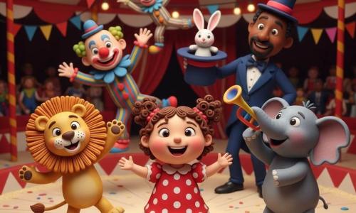 Bambina di 2 anni al centro, felice e meravigliata, sorriso ampio, occhi brillanti, due codine sui capelli castani ricci, veste rossa a pois bianchi e piccole scarpe gialle, tende le mani come a dirigere lo spettacolo; a sinistra un leone antropomorfo dal pelo dorato e criniera morbida tipo pasta modellabile, in piedi su due zampe che danza con una zampa alzata, espressione gioiosa; a destra un elefante grigio con proboscide sollevata che suona una tromba colorata, pelle testurizzata, occhi grandi e orecchie larghe; dietro la bambina due clown adulti uomini con trucco colorato e costumi rigati e cappelli buffi che fanno capriole; leggermente più indietro un mago adulto uomo con costume blu notte e alto cappello a punta che tiene un cappello da cui spunta un coniglietto bianco, sorridente; interno di un grande tendone da circo a righe rosse e bianche con luci calde sospese, pista circolare in legno chiaro e segatura chiara, festoni colorati e coriandoli a terra; scena centrale collettiva e gioiosa, colori vivaci, texture da pasta modellabile, atmosfera calda e giocosa.
