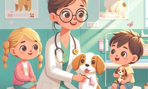 Dr. Mia ist eine lächelnde Tierärztin in ihren dreißigern, mit braunen Haaren zu einem Dutt gebunden und runden Brillen. Sie trägt einen weißen Kittel mit kleinen Tiermotiven und untersucht einen kleinen Hund namens Max, der besorgt, aber gerührt schaut. Anna, ein 8-jähriges Mädchen mit blonden Zöpfen, beobachtet neugierig mit weit aufgerissenen Augen und hält ein hundeförmiges Spielzeug in den Händen. Ben, ein 7-jähriger Junge mit zerzausten braunen Haaren, steht neben ihr, lächelt begeistert und stellt Dr. Mia Fragen. Die Szene spielt in einem hellen Untersuchungsraum einer Tierklinik mit pastellgrünen Wänden, Plakaten gesunder Tiere und verstreuten Tier-Spielzeugen auf dem Boden. Ein Fenster lässt Sonnenlicht herein, das den Raum erhellt. Dr. Mia behandelt Max, der ein tränendes Auge hat, und reinigt es mit einem Wattebausch, während Anna und Ben fasziniert zuschauen und lernen, wie man sich um Tiere kümmert.