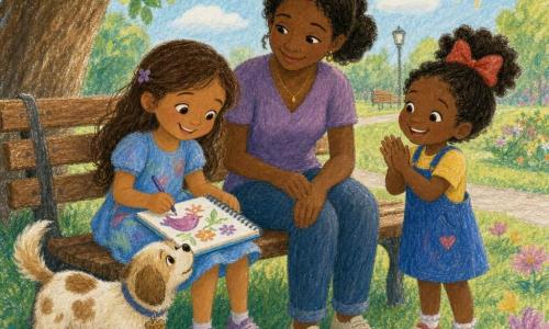 Maya, a smiling focused 6-year-old with a brown lock of hair and a crayon-stained soft blue dress, sits under a round-leaved tree drawing birds and flowers in a small blue notebook on her lap; her mother, about 30, hair tied and with a gentle face, sits on a worn wooden bench beside her with hands on her knees and a kind look, while a 5-year-old friend with curly hair and a big red bow stands nearby clapping and Patch, a small beige-and-white spotted dog, wags his tail and sniffs the notebook at the tree base; the scene is a sunny morning park with green grass dotted with yellow and mauve flowers, pastel blue sky, soft shade, warm light, and the notebook filled with colorful sketches and visible pencil lines.
