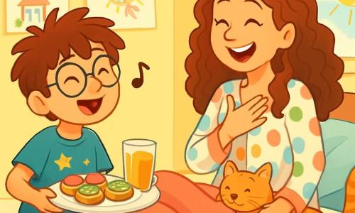 Un niño de 8 años, Nico, con cabello castaño despeinado y gafas redondas, sonríe con ojos brillantes de alegría. Lleva una camiseta azul con estrellas y un short rojo, sosteniendo un plato lleno de pequeñas tostadas y un vaso de jugo de naranja. A su lado, su mamá, una mujer de unos 35 años, con cabello largo y rizado, lleva un pijama colorido y ríe al descubrir el desayuno sorpresa. Ella está sentada en la cama, rodeada de cojines suaves. La habitación es luminosa, con paredes pintadas de amarillo pastel, dibujos de niños colgados y un gran sol brillando a través de la ventana. La escena principal muestra a Nico, orgulloso y un poco nervioso, cantando una canción inventada para su mamá, mientras Cebolla, el gato, se desliza entre sus piernas, añadiendo un toque de travesura a este momento tierno.