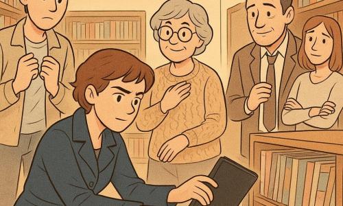 Marta, detetive de cabelo castanho curto e sobretudo azul-marinho, segura um caderno preto tirado de uma gaveta oculta com expressão determinada e calma; Ivo, adolescente de ~17 anos, olha com culpa e alívio; Teresa, ~60 anos, de óculos e colete tricotado, sorri agradecida com a mão no peito; Nuno, ~45 anos, de fato simples e gravata folgada, observa pensativo apoiado numa estante; Joana, ~28 anos, braços cruzados e constrangida, está junto às impressoras; tudo ocorre num corredor acolhedor de biblioteca com estantes de madeira e revistas amareladas, luz suave, momento de descoberta do caderno, devolução e perdão, tensão dissolvendo-se em solidariedade, cores pastel e texturas de papel visíveis.