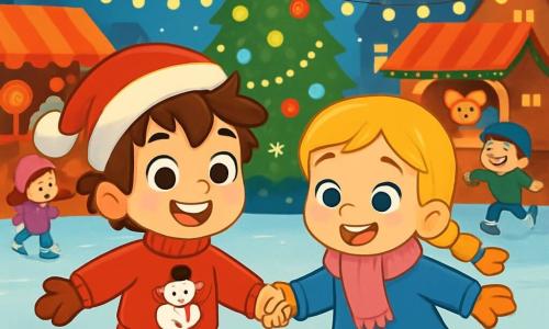 Um menino de 6 anos, chamado Gabriel, com cabelos castanhos bagunçados e grandes olhos brilhantes, sorri alegremente enquanto segura a mão de uma menina. Ele usa um suéter vermelho de lã com um boneco de neve e um gorro de Natal. Ao seu lado, Sofia, uma menina de 6 anos com cabelos loiros trançados e um rosto sorridente, veste um casaco azul e um cachecol rosa. Eles patinam juntos em uma pista de patinação cercada por luzes cintilantes e decorações de Natal. O local é uma charmosa praça de vila, com uma grande árvore de Natal iluminada no centro, flocos de neve caindo suavemente e barracas coloridas de mercado de Natal ao redor, cheias de doces e brinquedos. A cena principal mostra Gabriel e Sofia rindo e caindo alegremente no gelo, cercados por outras crianças se divertindo, criando uma atmosfera festiva e acolhedora.