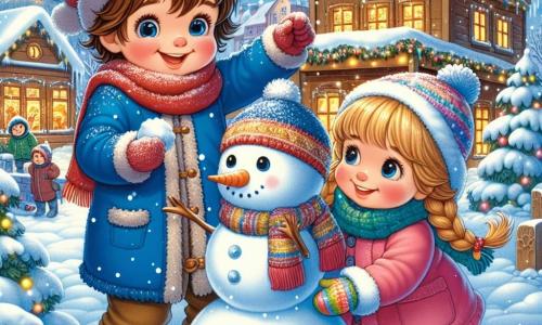 A 3-year-old boy named Oliver, with messy brown hair and rosy cheeks, stands in the snow, his eyes shining with joy. He wears a bright blue coat, a red scarf, and a wool hat, raising his arms in the air, laughing and jumping in the fresh snow. Next to him is Lily, a 4-year-old girl with braided blonde hair, wearing a pink coat and colorful gloves. She is crouched down, shaping a snowball to build a snowman, smiling and focused. The setting is a charming winter village, with wooden houses covered in snow, pine trees adorned with lights, and a clear blue sky sprinkled with falling snowflakes. The main scene shows Oliver and Lily having fun together in the snow, creating a joyful snowman, surrounded by sparkling snowflakes and a festive atmosphere, illustrating the magic of winter and friendship.
