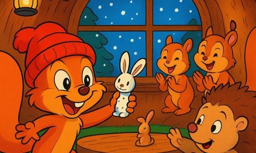 Pip, a small boy squirrel in a red wool hat with sparkling eyes and a mischievous smile, jumps out from under a rustic wooden low table holding a painted bunny figurine; to his right Hedge, a round soft hedgehog with rounded brown quills, reaches for the figurine, and to his left Mole, a bespectacled mole with a pink curious nose and slightly askew round glasses, laughs and leans forward, while two smaller squirrel sisters with fluffy tails applaud in the background; the scene is a cozy living room carved in a large oak—checkered tablecloth, green moss rug, hanging lanterns casting warm yellow light, pinecone garlands and windows showing falling snow—capturing a joyful surprise as Pip reveals the hidden figurine, warm red/green/brown colors and visible textures (wood, wool, fur, moss), in a 90s cartoon style with clean lines, saturated palette, slightly thick black outlines and a child-height perspective centered on Pip and the figurine.