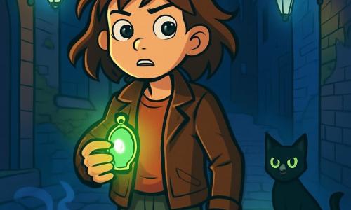 A 12-year-old girl, Iris, with messy brown hair and sparkling curious eyes, stands in a dark alley, her heart racing, with a determined expression on her face. She wears a worn leather jacket and canvas pants, and in her hand, she clutches a glowing locket that emits a soft green light. Nearby, a black cat with bright eyes watches Iris, its ears perked up, as if it knows something she doesn't. This seemingly ordinary cat appears to be a mysterious guide in her adventure. The scene takes place in a narrow alley in Ironvale, where the bricks are covered in moss and the streetlights cast a bluish light, creating dancing shadows. Wisps of mist rise from the ground, enveloping the damp cobblestones and adding a mystical atmosphere to the surroundings. Intrigued and a bit anxious, Iris follows glowing footprints appearing on the ground, wondering if they will lead her to answers about her mother's disappearance or to hidden danger in the darkness.