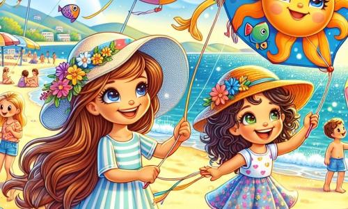 Una ragazza di 10 anni, Sofia, con lunghi capelli castani e occhi scintillanti di curiosità, sorride felicemente mentre tiene un aquilone colorato a forma di sole, che si alza nel cielo blu. Indossa un cappello a fiori e un vestito leggero a righe, con i piedi nudi sulla sabbia calda. Accanto a lei, Giada, un'altra ragazza di 10 anni con capelli ricci e pelle abbronzata, ride tenendo un aquilone a forma di pesce, con gli occhi brillanti di eccitazione. Sullo sfondo, una spiaggia animata con bambini che giocano a pallavolo, famiglie che passeggiano e ombrelloni colorati che danzano al vento. Il mare brilla sotto il sole, creando un'atmosfera estiva gioiosa. La scena cattura il momento in cui Sofia e Giada fanno volare i loro aquiloni, circondate da risate e felicità, simboleggiando l'amicizia e la magia delle vacanze estive.