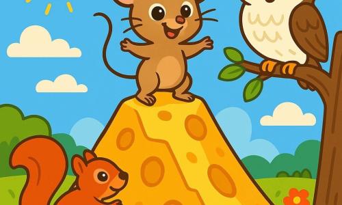 A little mouse named Milo, with soft and silky light brown fur, stands bravely at the top of a golden cheese mountain, his big eyes shining with excitement and determination. He has delicate little paws and twitching whiskers as he looks around with a delighted smile. Next to him, a majestic owl with white and brown feathers, perched on a tree branch, observes the scene wisely, its round curious eyes fixed on Milo. Below, a bright red squirrel with a bushy tail climbs a tree, watching Milo with admiration and encouragement. The setting is a majestic cheese mountain sparkling in the sun, surrounded by lush meadows and colorful flowers dancing in the wind. The sky is a brilliant blue, dotted with fluffy white clouds. The main scene shows Milo, the little mouse, triumphantly at the top of the cheese mountain, ready to savor his victory, while the owl and the squirrel encourage him with expressions of pride and friendship.