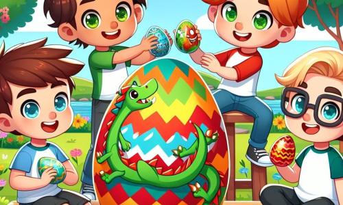 In a sunny park, four seven-year-old boys are gathered around a large wooden table covered in colorful paint and Easter decorations. Sam, a boy with brown hair and sparkling eyes, stands on the left holding a dragon-shaped decorated egg with green and red scales. Jake, a blonde boy with a big smile, is on the right making a face while showing his multicolored egg that looks like a rainbow. Leo, a boy with brown hair and glasses, sits in the center, focused on his treasure map-decorated egg with a large red "X." Max, a boy with black hair and bright eyes, crouches next to Leo, holding a blue and yellow egg with a big superhero "S." In the background, the park is filled with colorful flowers, lush trees, and a clear blue sky dotted with fluffy white clouds. The boys are laughing and having fun, sharing ideas for decorating their eggs for a friendly competition, while an adorable bunny named Benny watches them with a joyful smile, adding a touch of magic to this festive scene.