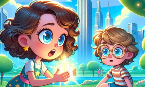 An 8-year-old girl, Elara, with big bright eyes and curly chestnut hair, expresses immense curiosity and wonder as she holds a strange glowing device in her hands. She wears a colorful dress adorned with star patterns and stands on a soft carpet of green grass. Next to her, her best friend Finn, an 8-year-old boy with messy blond hair and round glasses, looks at the device with fascination. He wears a striped t-shirt and shorts, crouching with his hands on his knees, ready to approach Elara. Their adventure takes place in a sunny park in the city of Glimmerstone, surrounded by majestic trees with shimmering leaves. In the background, futuristic skyscrapers with shiny facades can be seen against a bright blue sky dotted with fluffy clouds. The main scene shows Elara and Finn discovering the mysterious device that projects a holographic map, illuminating their faces with a magical glow as they stand in the heart of their wondrous city.