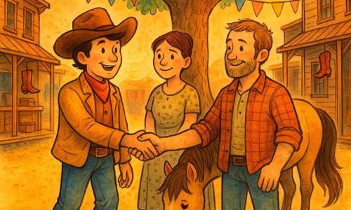 Sam, a smiling confident cowboy with a wide brown hat, light leather jacket and shiny boots, reaches out to shake a neighbor's hand; a woman, the merchant of about 40 with chestnut hair in a bun and a simple patterned dress, smiles shyly near the trunk of a large oak; a rancher in his mid‑30s with a light beard and plaid shirt stands beside her, arms relaxed, looking relieved at Sam; a horse named Star with a glossy mane and flowing tail stands calmly to Sam's left, muzzle near his leg; setting: a small Wild West town square with golden dusty ground, wooden storefronts, a central oak, colorful flags and boots on porches, low sun and orange sky; main scene: Sam gathers the townspeople under the oak at sunset, friendly gestures, faces shifting from sadness to smiles, warm peaceful atmosphere.
