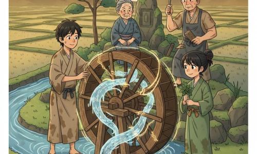 Haru, a young man (about 18–20) with a gentle, focused face and messy black hair, wearing a simple beige kimono stained with dirt, rests a hand on the large wooden waterwheel and gazes in wonder with bright eyes and a humble, protective posture; Mei, a teenage girl (about 16) with black hair in a loose bun and a green herbalist outfit, stands to his right holding a small bunch of mint leaves, smiling determinedly at the wheel; Oba Sumi, an elderly woman (about 75) with wrinkled skin and a worn indigo kimono, sits or crouches near shrine stones in the background watching calmly and wisely; Old Jiro, an older man (about 60–65) with a sturdy build and a stained carpenter’s apron, stands behind the group holding a chisel and a fresh piece of wood, surprised but moved. The scene is a stream bank in a traditional Japanese village: an ancient massive wooden waterwheel with cracked paddles, clear shimmering water, terraced rice fields reflecting the sky, a plank walkway, shrine stones and a large sakaki tree; golden dusk light and bluish reflections on the water. Main action: everyone sings together as the repaired wheel begins to turn, small translucent luminous water sprites rise in spirals from the current around the axle, filigree light seals the cracks, creating a magical, communal atmosphere of joy, wonder and shared emotion on every face.