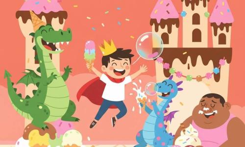 Prince Percy, a smiling cheerful boy wearing a bright red cape and a slightly crooked crown, holds a dripping ice cream cone and jumps for joy; Wubble, a tall green scaled dragon looking awkward and laughing, stands left on a pile of cones wearing an ice-cream-cone hat; Splosh, a blue dragon with pink spots, sprays whipped cream laughing and blows a colorful ice bubble behind Percy; Grumble, a stocky round caramel-skinned giant with cream on his nose and an embarrassed grin, sits right by a giant sundae; the scene is an Italian Ice Castle with cone towers, melted chocolate walls, candy garlands, glossy frosting floor and a pink-orange sky, depicting a noisy joyful ice-cream party with bright colors, simple shapes and a playful poster-like composition.