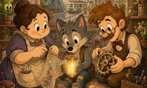 Um pequeno lobo antropomórfico de rosto doce e olhos claros, com colete gasto e patas finas, sentado no chão e sorrindo timidamente enquanto segura um pequeno frasco de vidro que emite uma luz quente e trêmula; à sua esquerda uma costureira humana, de corpo arredondado e cabelo em coque com agulhas no avental, bordando suavemente uma capa translúcida para o frasco; à direita, um fabricante de brinquedos de cabelos desgrenhados e óculos de latão ajusta delicadamente um engrenagem e segura uma roda metálica brilhante; tudo acontece num ateliê no telhado com chão de azulejos gastos, janelas mansardadas abertas para telhados-jardim, prateleiras de bobinas e ferramentas, plantas em vasos e um bonde distante sob um céu em tons pastéis, transmitindo cooperação silenciosa e acolhedora enquanto mãos se reúnem em torno do frasco luminoso entre fios e engrenagens, numa luz dourada e sombras dançantes.