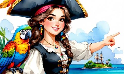 A cena mostra a Capitã Sofia, uma mulher pirata corajosa de cerca de 30 anos, com longos cabelos castanhos ao vento, usando um chapéu de pirata adornado com penas coloridas. Ela tem um olhar determinado e um sorriso confiante enquanto segura um velho pergaminho em uma mão, apontando para uma ilha mágica ao longe. Ao seu lado, Loro, o papagaio, um pássaro colorido com penas verdes e amarelas, voa alegremente ao seu redor, cantando melodias animadas. Um pouco atrás, Pedro, um marinheiro musculoso de cerca de 25 anos, com uma barba ruiva e um bandana vermelho, ajusta as velas do navio, concentrado em sua tarefa. Rita, uma gentil cozinheira de cerca de 28 anos, com cabelos negros em coque e um avental colorido, prepara biscoitos de coco no convés, sorrindo para os outros. O local é um magnífico navio pirata, o 