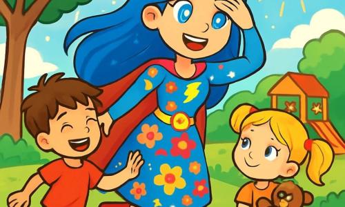 Blitzella, eine Superheldin mit langen, leuchtend blauen Haaren und strahlenden Augen wie Sterne, lächelt fröhlich, während sie mit Kindern in einem sonnigen Park spielt. Sie trägt ein buntes Blumenkleid und wirkt voller Leben und Energie. Ein etwa 7-jähriger Junge mit zerzausten braunen Haaren und einem roten T-Shirt lacht, während er um sie herumrennt, während ein 6-jähriges Mädchen mit blonden Zöpfen und einem Plüschbären Blitzella bewundernd anblickt. Der Park ist grün, mit majestätischen Bäumen, bunten Blumen und Kindern, die auf Schaukeln und Rutschen spielen. Der Himmel ist blau mit ein paar flauschigen weißen Wolken, und die Sonne scheint fröhlich. Die Hauptsituation zeigt Blitzella, die lachend Verstecken mit den Kindern spielt, und schafft eine Atmosphäre von Glück und Freundschaft, während ein sanfter Lichtschimmer um sie herum funkelt und an ihre Superheldenkräfte erinnert.