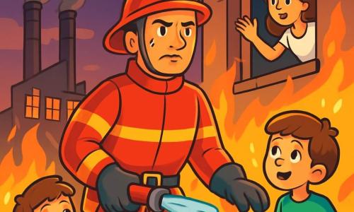 Een dappere brandweerman, een man van ongeveer 35 jaar, staat midden in de vlammen, zijn gezicht getekend door vastberadenheid en adrenaline. Hij draagt een felrode overall, een glanzende helm en zwarte handschoenen, terwijl druppels zweet op zijn voorhoofd parelen. Naast hem staat een jonge jongen van 10 jaar met bruin haar en grote ogen, die bewonderend toekijkt en een kleine plastic ladder vasthoudt, klaar om te helpen. Op de achtergrond staat een oude fabriek in brand die zwarte rookwolken de schemerige lucht in projecteert, terwijl de vlammen rond de gebroken ramen dansen. De scène toont de brandweerman die een jonge vrouw redt, vastzittend binnen, die hoopvol kijkt, haar witte jurk wapperend in de wind.
