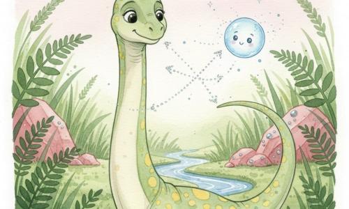 Un diplodocus largo y dócil, de cuello muy largo y escamas verde claro con motas amarillo pálido, mira con curiosidad y suavidad, ojos grandes y brillantes y leve sonrisa; su cola se mece y sobre ella flota una pequeña burbuja-luz azul, translúcida y alegre, que emite un brillo tenue y traza en el aire tres senderos luminosos punteados; no hay humanos; al fondo un pequeño arroyo plateado con reflejos azules en una valle matinal con cielo rosa pálido, hierbas altas verdes, grandes helechos en silueta y rocas rosadas con pequeñas piedras brillantes; situación principal: el diplodocus duda ante las tres direcciones luminosas, ambiente tranquilo y mágico, composición centrada en el vínculo entre la burbuja y el hocico del diplodocus.