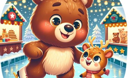 Un adorabile orso di peluche di nome Bruno, con un morbido pelo marrone e occhi brillanti, sorride gioiosamente mentre pattina su una pista di ghiaccio scintillante, circondato da fiocchi di neve che cadono dolcemente. Accanto a lui, una piccola renna di nome Rina, con un pelo dorato e corna delicate, ride di felicità, le sue guance rosa illuminate dall'eccitazione, mentre scivola graziosamente sul ghiaccio. Sullo sfondo, un mercato di Natale animato è decorato con ghirlande luminose colorate, con stand che vendono biscotti di Natale, giocattoli di legno e bevande calde, creando un'atmosfera festosa e accogliente. La scena cattura il momento magico in cui Bruno e Rina si divertono insieme, condividendo risate e gioia, simboleggiando lo spirito del Natale e l'amicizia.