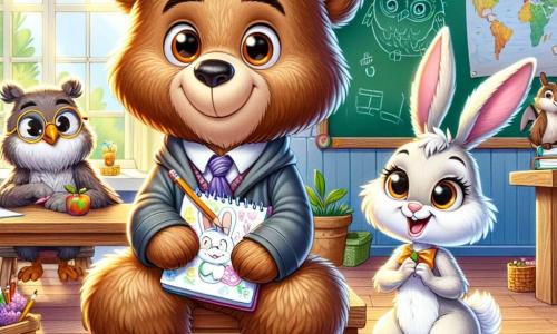 Bruno, un oso de peluche de grandes orejas y pelaje marrón suave, está sentado en un banco de madera en un aula luminosa, con una expresión de emoción y anticipación en su rostro. Sostiene un pequeño cuaderno de hojas de colores en sus patas, listo para escribir sus primeras notas. A su lado, Luna, una liebre de grandes patas y pelaje blanco brillante, sonríe alegremente mientras le muestra a Bruno un dibujo que hizo en una hoja. Está llena de energía y parece ansiosa por compartir sus ideas. En el fondo, el profesor Búho, un sabio búho con grandes gafas redondas y plumas grises, se encuentra cerca de una pizarra, explicando algo con una expresión amable. El aula está decorada con dibujos de animales coloridos, mapas del mundo y guirnaldas de hojas, con rayos de sol filtrándose a través de las ventanas, creando un ambiente cálido y acogedor. La escena principal muestra a Bruno y sus amigos, listos para comenzar su primer día de escuela, llenos de emoción y entusiasmo por las nuevas aventuras que les esperan.