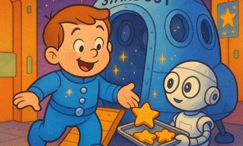 A smiling, wide-faced Captain Leo with short brown hair in a bright blue space suit steps out of his small rounded metallic-blue ship Stardust and reaches for a star-shaped cookie on a tray held by R2, a small friendly white robot with round glowing eyes that tilts its head beside the ship's open ramp; they stand on a colorful little space station with orange and lime panels, pink neon and star posters, textured metal floor and a violet starry sky, bathed in soft lights and floating stardust sparks—warm, calm moment in a bold, saturated, child-friendly graphic style with thick lines, simple shadows, exaggerated expressions, centered composition and gentle downward perspective with ample negative space.