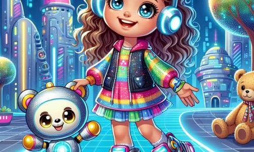 Een 8-jarig meisje, Lila, met lange krullende haren en sprankelende nieuwsgierige ogen, staat in het midden van de afbeelding, glimlachend en vol energie. Ze draagt een kleurrijke outfit met futuristische patronen en sneakers die iets boven de grond lijken te zweven. Naast haar zweeft een schattige robot genaamd Robo, die lijkt op een kleine zilveren bal met beweegbare armen en lichtgevende ogen, vrolijk met een vriendelijke en aanmoedigende uitdrukking. Op de achtergrond houdt Teddie, haar trouwe knuffelbeer, tegen haar hart, met een zachte glimlach op zijn pluche gezicht. De scène speelt zich af in het Zonnestad park, waar bomen met glanzende bladeren schitteren onder een stralende blauwe lucht. Futuristische gebouwen met organische en kleurrijke vormen rijzen op de achtergrond, terwijl vliegende voertuigen door de lucht bewegen. De grond is bedekt met glanzende tegels die lijken te pulseren van energie. De belangrijkste situatie toont Lila en Robo die een mysterieuze glanzende bol ontdekken die net uit de lucht is gevallen. Lila, vol opwinding, steekt haar hand uit naar de bol, terwijl Robo haar aanmoedigt met een glimlach, klaar om haar te helpen in dit nieuwe avontuur.