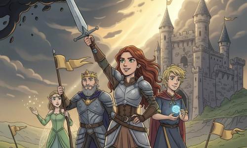 Elara, een jonge heldin van 20–25 jaar met vastberaden glimlach en lang golvend roodbruin haar, draagt lichte leren en glanzende metalen harnas, houdt een groot zilveren zwaard omhoog en staat triomfantelijk in het midden met helder groene ogen; Finn, een jonge magiër van 18–20 jaar met licht warrig haar en korte gewaad met gouden borduursels, houdt een blauw lichtbolletje en staat net achter en rechts van Elara met bewonderende blik; koning Tharos, een robuuste man van 50–60 met korte grijze baard en zware stenen patroonpantser, houdt links een banier in beschermende, trotse houding; Lysandra, een elf van uiterlijk 120 maar jong ogend met puntige oren, bureautjes en groene glanzende jurk, heeft opgevouwen transparante vleugels en staat iets terug aan links met handen die magische vonken geven; landschap: vlakte voor een oud stenen kasteel met gebroken harnasstukken en kreukelige banieren, donkere lucht waarin gouden zonnestralen breken; hoofdscène: moment van overwinning na de strijd — Elara snijdt met haar zwaard een zwevende zwarte schaduw terwijl haar bondgenoten vieren, lichte, contrastrijke kleuren en een centrale compositie met een episch maar geruststellend, kindvriendelijk gevoel.