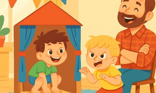 Er zijn 3 personages: - Mats: een jongen van 6 jaar, met messy bruin haar en sprankelende ogen. Hij draagt een felgroen t-shirt en een blauwe short. Hij staat op het geïmproviseerde podium, springend als een kikker, met een grote glimlach op zijn gezicht. - Tijn: een jongen van 5 jaar, met blond haar en roze wangen. Hij is gekleed in een gele t-shirt en een rode broek. Hij staat naast Mats, doet een leeuwenpose met een grappige uitdrukking. - Papa: een man van ongeveer 30 jaar, met kastanjebruin haar en een lichte baard. Hij draagt een geruite shirt en een spijkerbroek. Hij zit op een stoel, lacht luid, met gekruiste armen, trots kijkend naar zijn zonen. De scène speelt zich af in een gezellige woonkamer, met pastelgele muren. Een groot, zacht tapijt ligt op de vloer en speelgoed ligt verspreid. Zacht licht filtert door de gordijnen, wat een vrolijke sfeer creëert. Een klein kartonnen theater staat in het midden, versierd met kleurrijke sjaals die als gordijnen dienen. De hoofdsituatie toont Mats en Tijn in volle gang met hun mini-theater voor Vaderdag. Mats springt als een kikker, terwijl Tijn doet alsof hij een leeuw is, beiden lachend en zich vermakend. Papa, zittend op de eerste rij, applaudisseert met een grote glimlach, omringd door speelgoed en feestelijke decoraties.