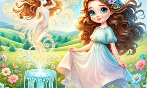 Clara, una joven de cabello largo y ondulado castaño, lleva un vestido ligero de tonos pastel que danza con el viento. Su rostro irradia curiosidad y alegría mientras se acerca a una fuente mágica, con los ojos abiertos de asombro. Junto a ella, la figura del agua, una criatura etérea de formas fluidas y brillantes, parece danzar sobre la fuente, rodeada de destellos de luz dorada. Tiene un aspecto femenino, con rasgos suaves y ojos brillantes, y sonríe a Clara, como si le revelara un secreto valioso. El lugar es un prado encantador, lleno de flores coloridas que cantan suavemente al ritmo de la brisa. Colinas verdes se dibujan en el horizonte, y un cielo azul brillante está salpicado de nubes esponjosas. La fuente, en el centro del prado, brilla con una luz cristalina, creando un espectáculo de ensueño. La escena principal muestra a Clara, maravillada, haciendo un deseo junto a la fuente mágica, mientras la figura del agua la observa con benevolencia. Las flores cantantes parecen danzar a su alrededor, añadiendo un toque de magia a este momento precioso.