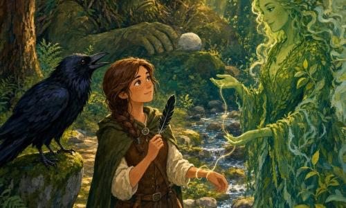 Ane, mujer tranquila y curiosa de rostro dulce con leves pecas, cabello castaño trenzado y ojos avellana, sostiene una pluma negra brillante; a la izquierda un gran cuervo de plumaje lustroso la observa desde una roca; al fondo, Mari, la Dama del Monte, alta y luminosa con piel verde musgo y cabellos de niebla y hojas, muestra con la palma abierta un hilo de luz que se enrosca en la muñeca de Ane; más atrás, un gigante dormido cubierto de ramas y hojas yace entre raíces con una piedra blanca junto a la mano; todo en una clara de bosque densa y mágica: troncos retorcidos, musgo vivo, helechos, rayos dorados, un sendero de piedras lisas y un arroyo que brilla como plata.