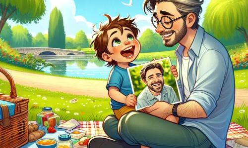 Un niño de 6 años, llamado Lucas, con cabello castaño desordenado y ojos brillantes de alegría, está sentado sobre una manta de picnic colorida, rodeado de deliciosos bocadillos. Sonríe ampliamente, sosteniendo una foto antigua de su padre en sus manos, con su rostro radiante de emoción y amor. A su lado, su padre, un hombre de unos 30 años, con una ligera barba y gafas, está sentado en posición de loto, riendo y admirando la foto que Lucas le muestra. Lleva una camiseta casual y pantalones cortos, y su mirada está llena de ternura y orgullo. El entorno es un parque verde, con árboles majestuosos, un cielo azul claro con algunas nubes blancas esponjosas, y un estanque cercano donde nadan patos. Flores coloridas bordean el camino, añadiendo un toque de magia al ambiente. La escena principal muestra a Lucas y su padre compartiendo un momento alegre durante un picnic por el Día del Padre, con Lucas presentando orgullosamente la foto de su joven papá, mientras ríen juntos, rodeados de la belleza de la naturaleza.