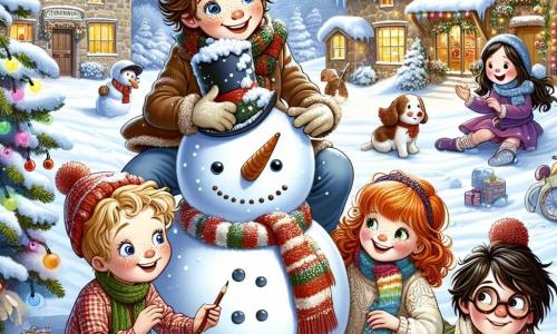In a charming snowy village, five children are joyfully gathered around a large snowman. Max, an 11-year-old boy with messy brown hair and sparkling blue eyes, stands on the left, draping a red scarf around the snowman's neck. Next to him, Lily, a girl with curly red hair and bright green eyes, smiles while holding colorful garlands. 

A little further away, Sam, a boy with brown hair and glasses, is focused on a notebook, while Emma, a girl with black hair and sunglasses, sketches the snowman with a big smile. Lastly, a fifth child, a little boy named Tom, watches in awe, wide-eyed, holding a steaming cup of hot chocolate.

The setting is a picturesque village with snow-covered houses, twinkling lights hanging from trees, and a large shining star above the central square. Snow blankets the ground, creating a sparkling white carpet, while snowflakes gently fall from the sky.

The main scene shows the children preparing the snowman for the New Year's celebration, filled with excitement and joy, ready to celebrate together under a starry sky, with fireworks beginning to light up the horizon.